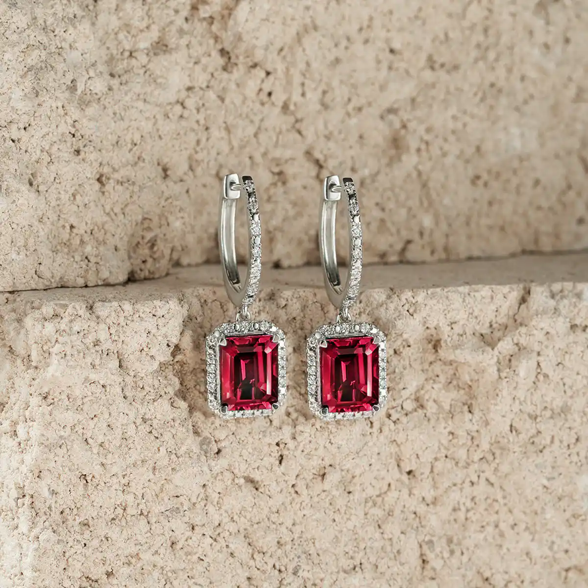 Astra 3.50ct Lab Ruby and Diamond Drop Halo Octagon Cut Earrings in Silver