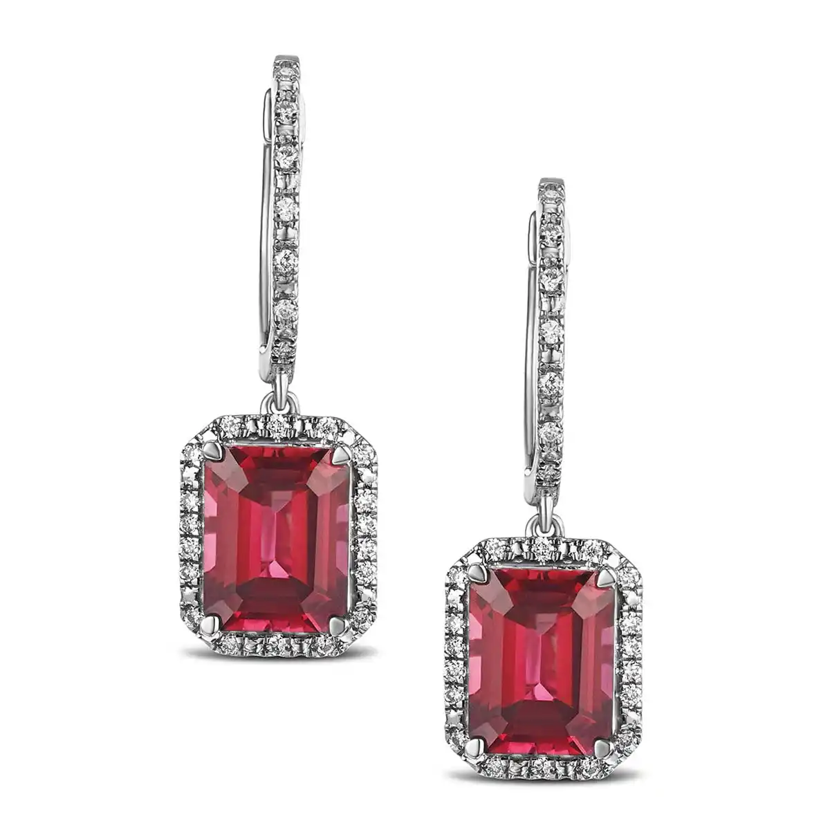 Astra 3.50ct Lab Ruby and Diamond Drop Halo Octagon Cut Earrings in Silver