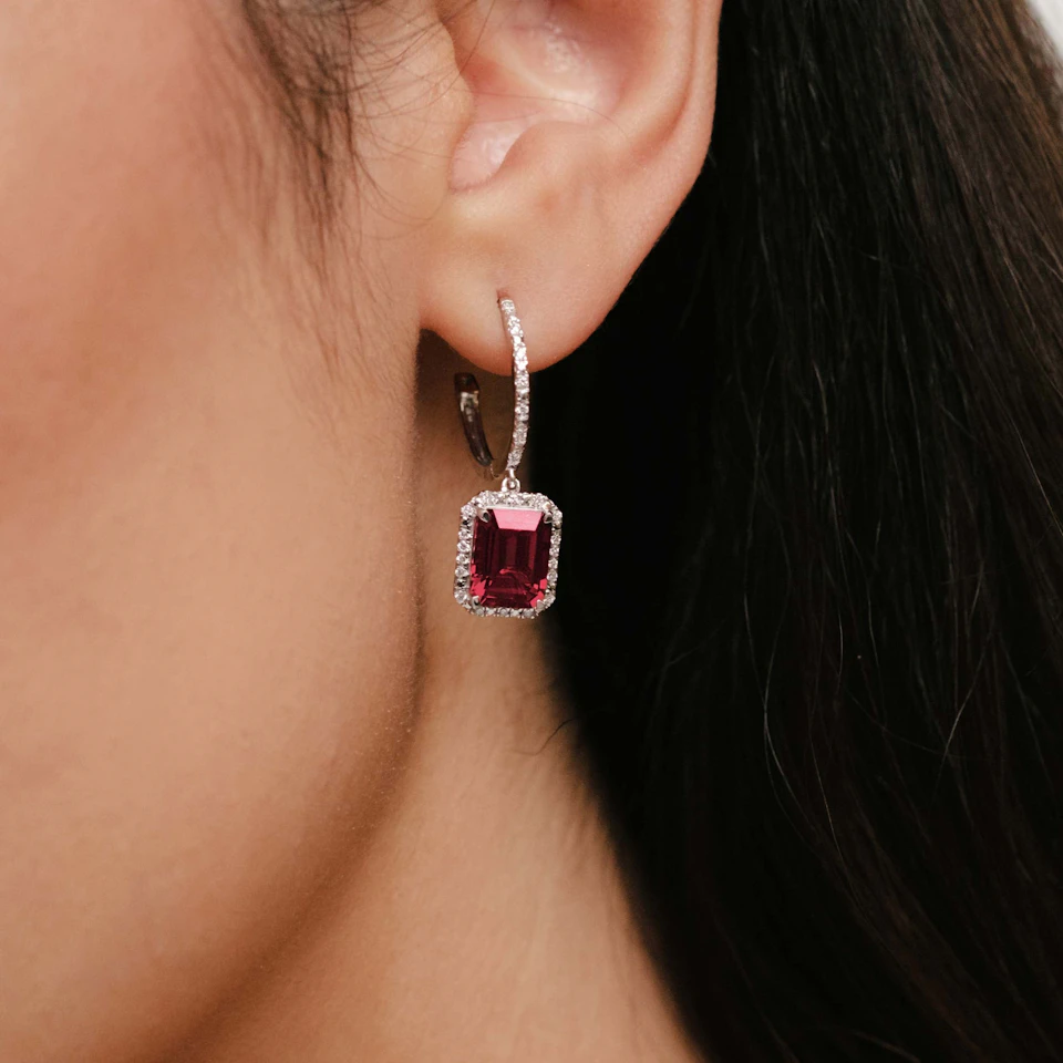 Astra 3.50ct Lab Ruby and Diamond Drop Halo Octagon Cut Earrings in Silver