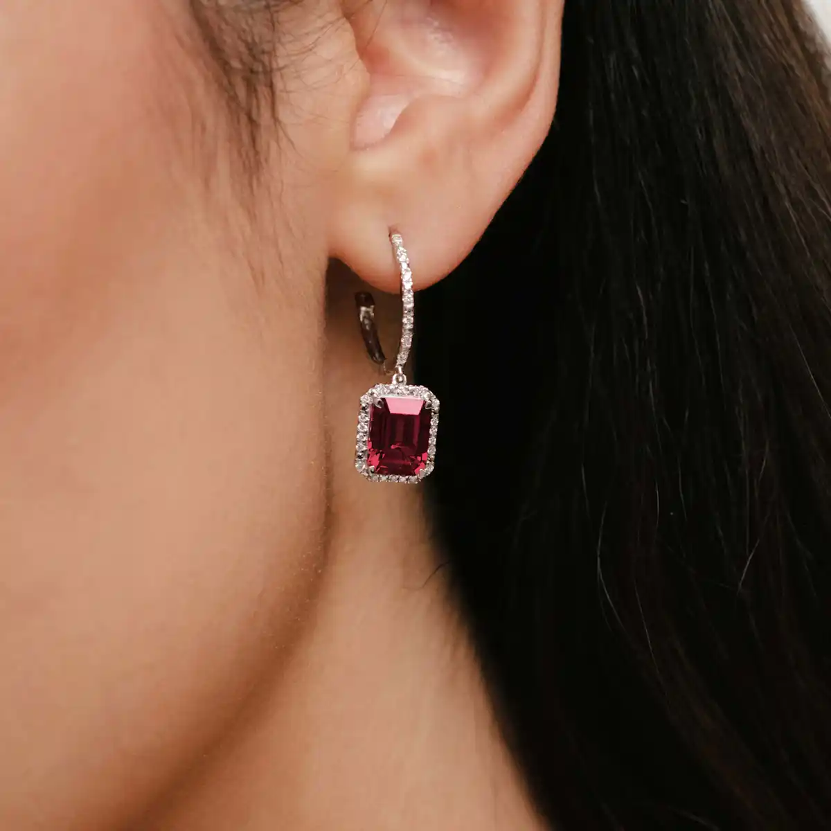 Astra 3.50ct Lab Ruby and Diamond Drop Halo Octagon Cut Earrings in Silver