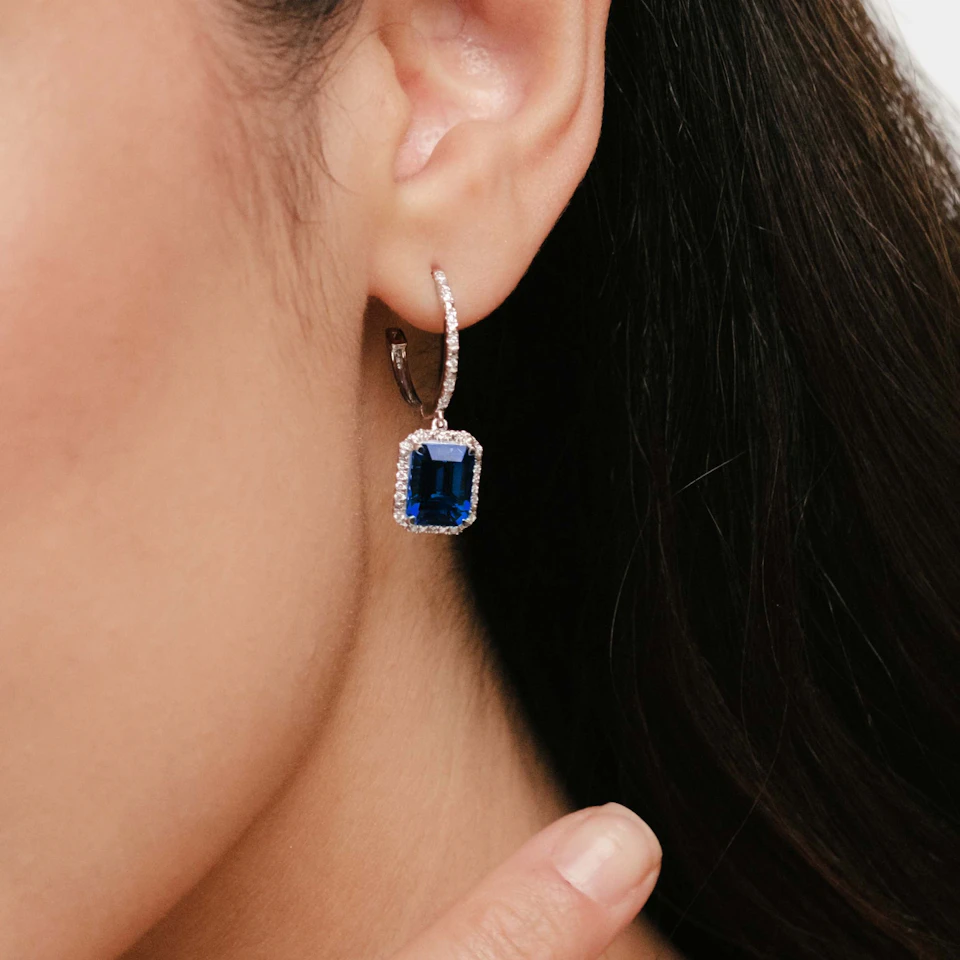 Astra 4.00ct Lab Sapphire and Diamond Drop Halo Octagon Cut Earrings in Silver