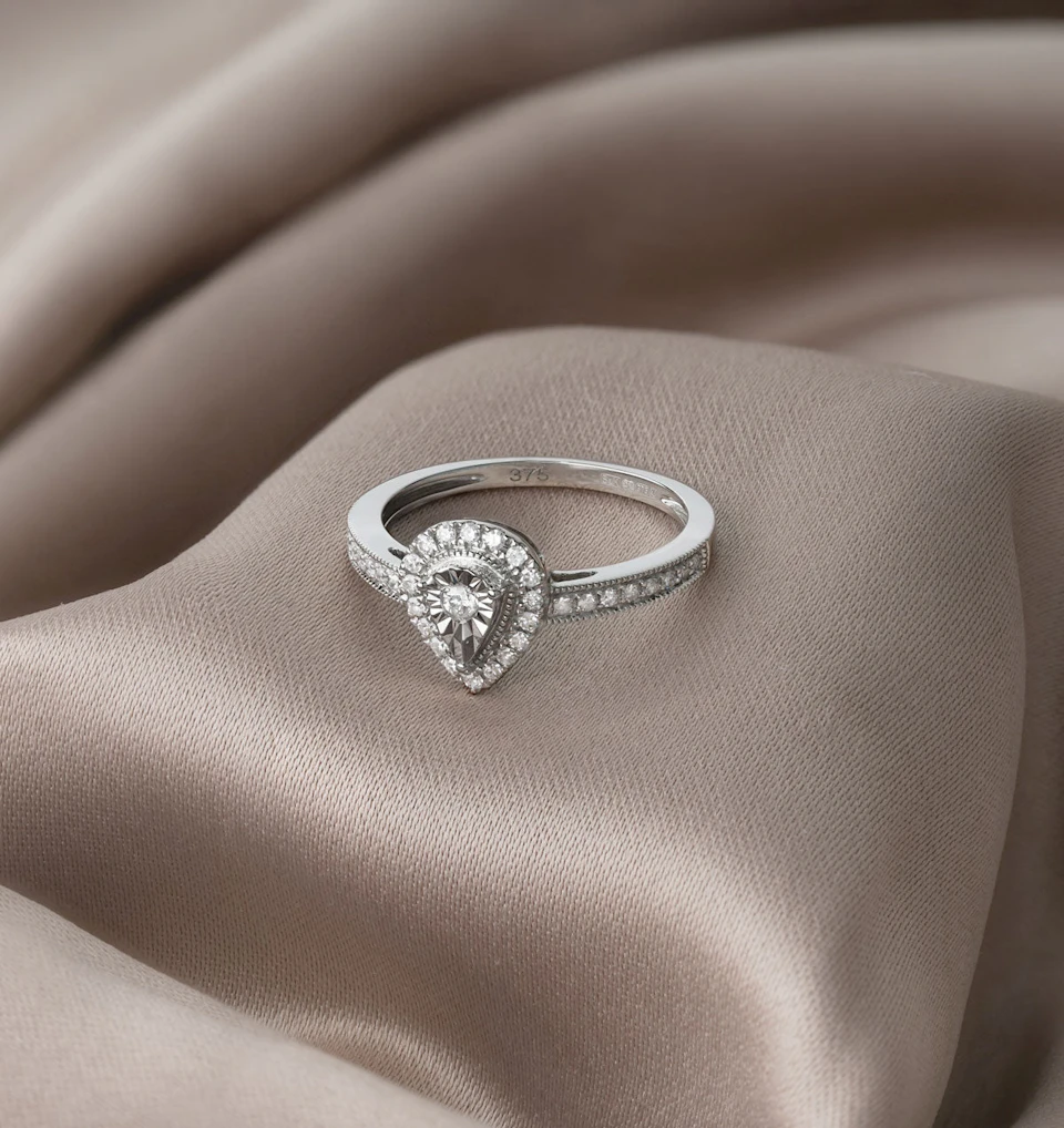 Masami Pear Shaped Pave Diamond Engagement Ring 0.15ct 9K White Gold