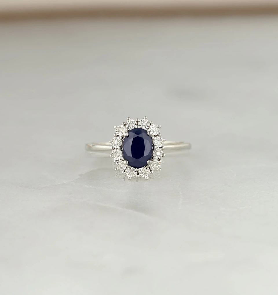 Sapphire Ring With Lab Diamond Halo 7 x 5mm Set in 925 Silver