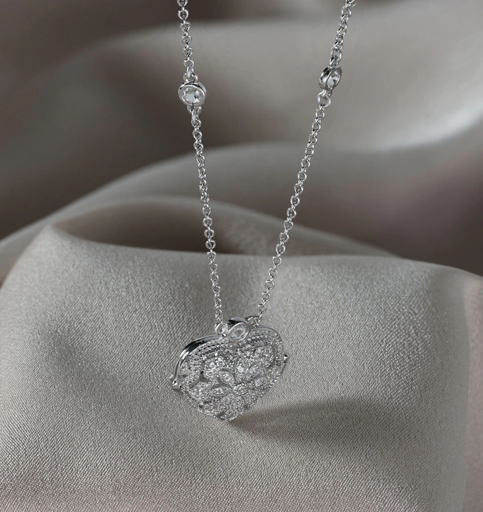 Vintage Heart Locket Lab Diamond Necklace White Topaz in 925 Silver