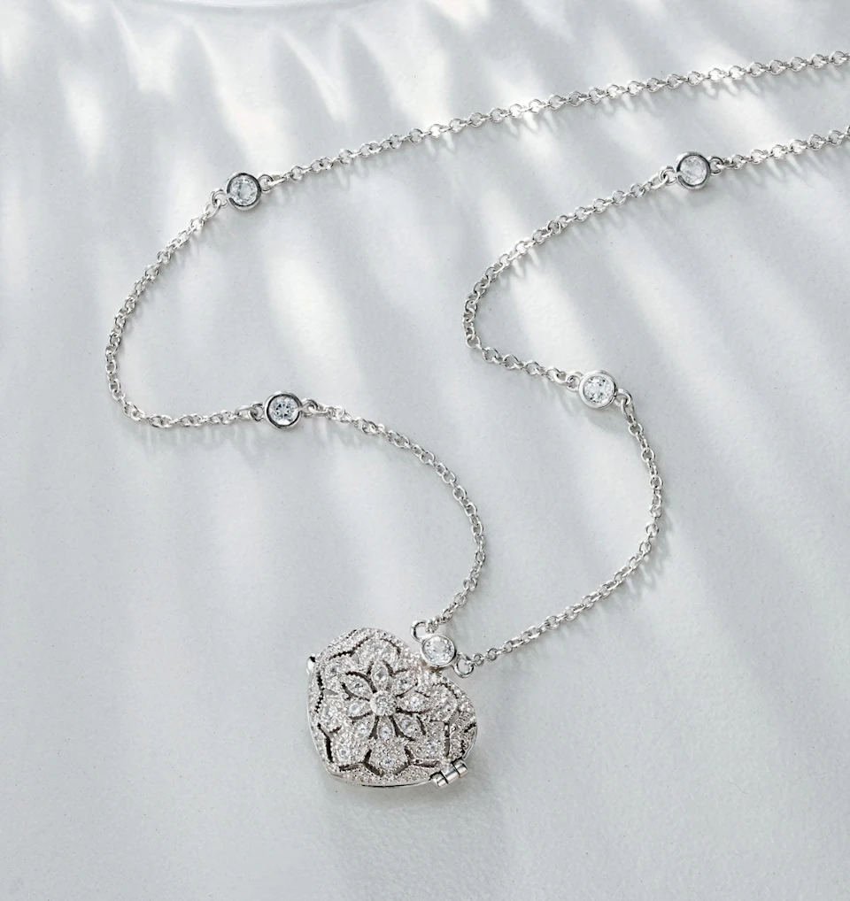 Opal October Birthstone Vintage Locket Necklace White Topaz in Silver