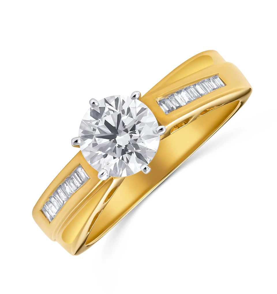 18K Gold Lab Diamond Claw Ring Mount with Baguette Detail on Shoulders (1.17ct)