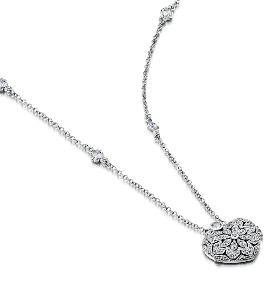 Vintage Heart Locket Lab Diamond Necklace White Topaz in 925 Silver