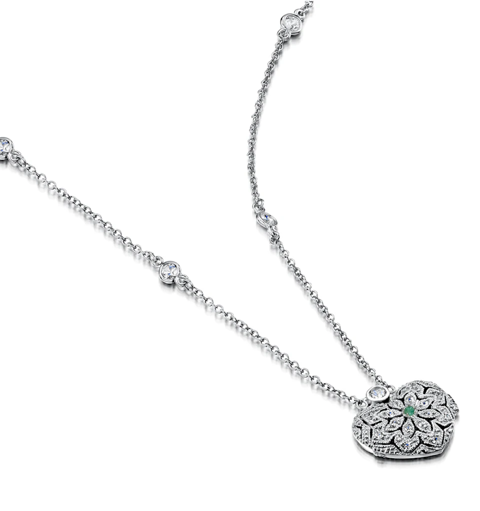 Emerald May Birthstone Vintage Locket Necklace White Topaz in Silver