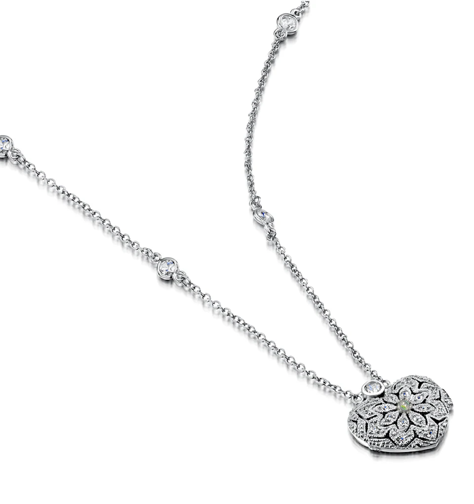 Opal October Birthstone Vintage Locket Necklace White Topaz in Silver