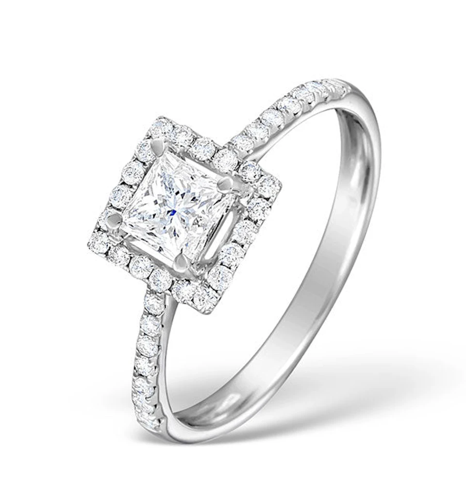 Halo Engagement Ring Ella 18K Gold Diamond Princess Cut 0.82ct SI