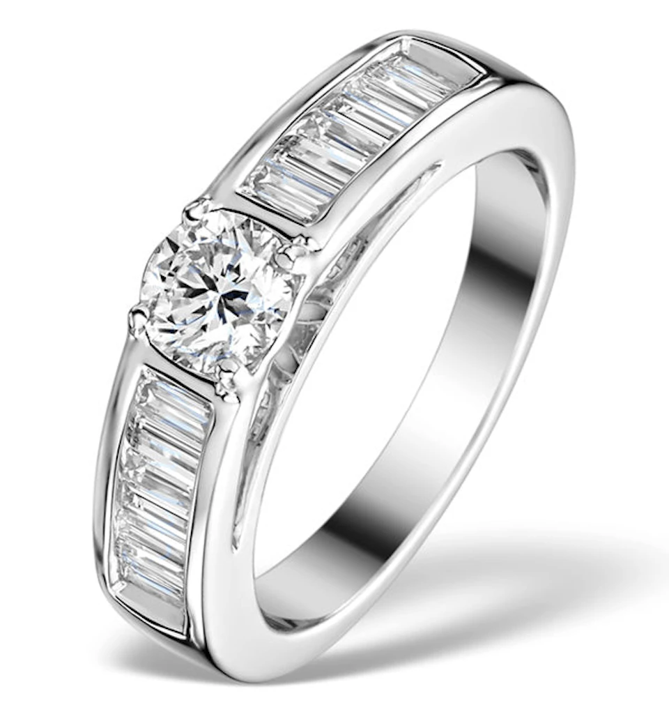Sidestone Engagement Ring Yasmin 1ct SI2 Baguette Diamond 18KW Gold