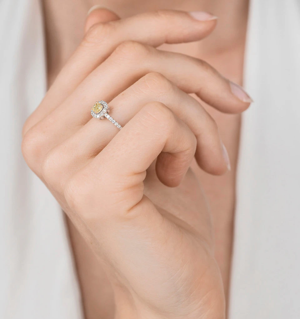 Alicia Yellow Diamond Halo Engagement Ring 0.55ct in 18K White Gold