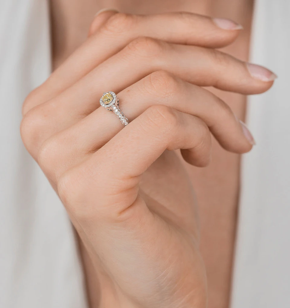 Adrianna Yellow Diamond Halo Engagement Ring 0.46ct in 18K White Gold