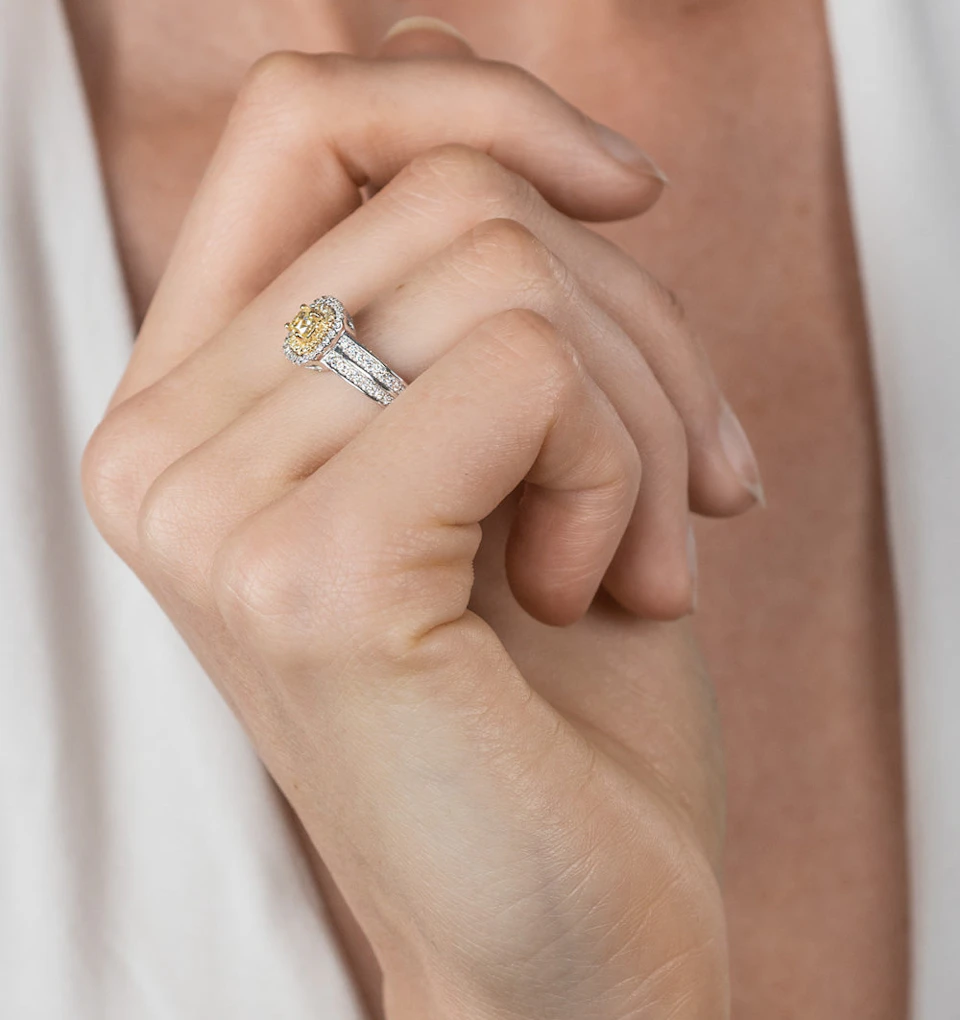 Shaya Yellow Diamond Double Halo Engagement Ring 0.65ct 18K White Gold