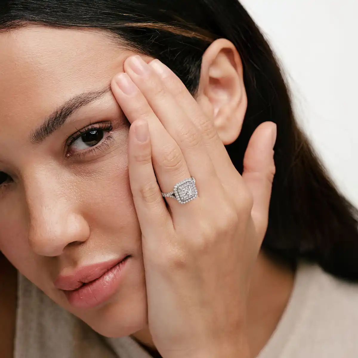 Cleopatra Lab Diamond Halo Engagement Ring 18K White Gold 1.85ct F/VS1