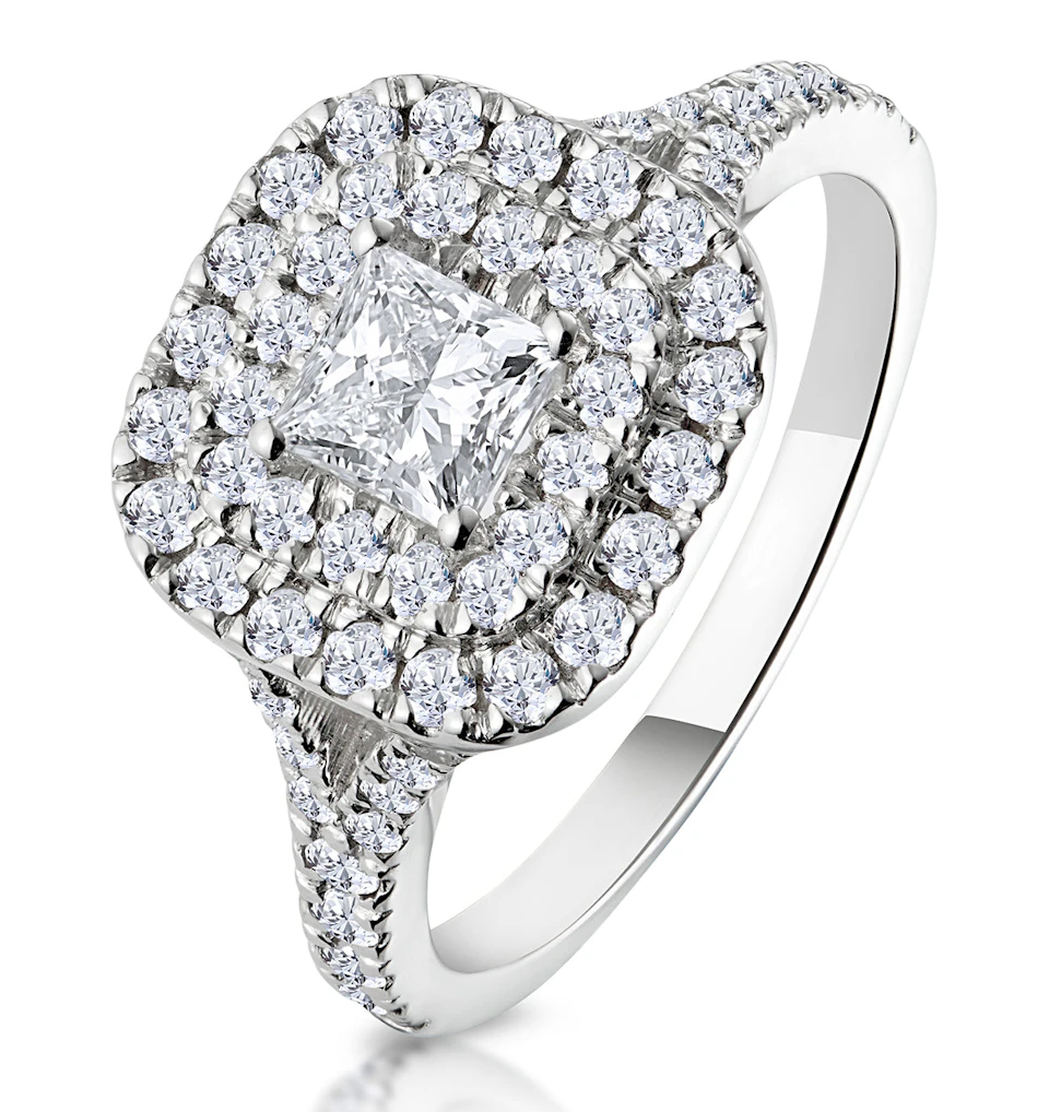 Cleopatra Diamond Halo Engagement Ring 18K White Gold 1.20ct G/VS1