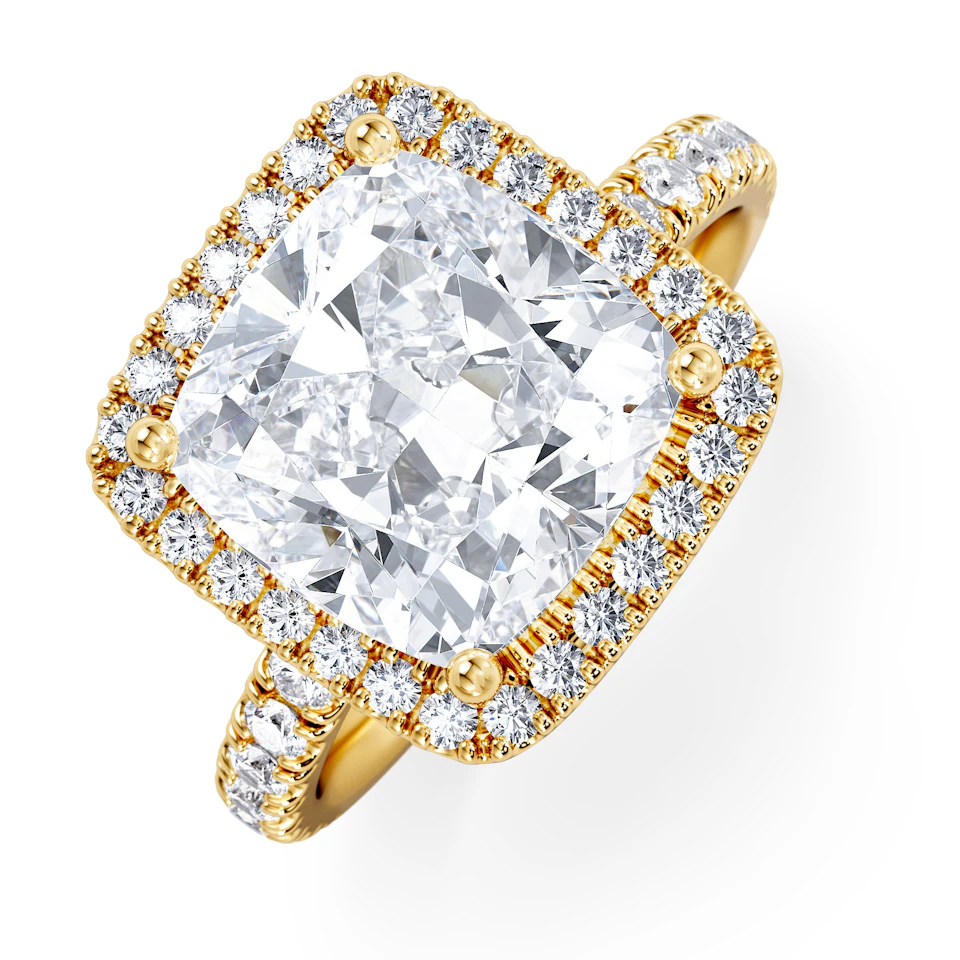 Beatrice 5.75ct Lab Diamond Cushion Cut Engagement Ring in 18K Yellow Gold G/VS1