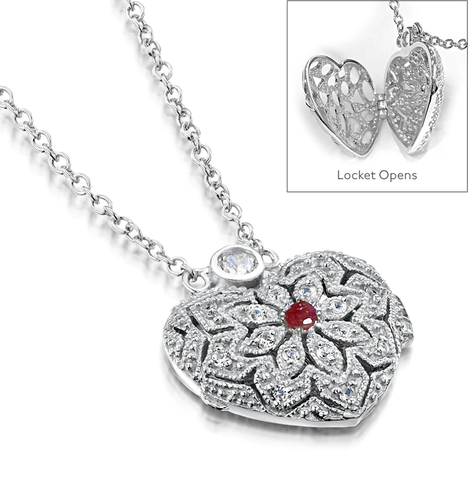 Ruby July Birthstone Vintage Locket Necklace and White Topaz in Silver