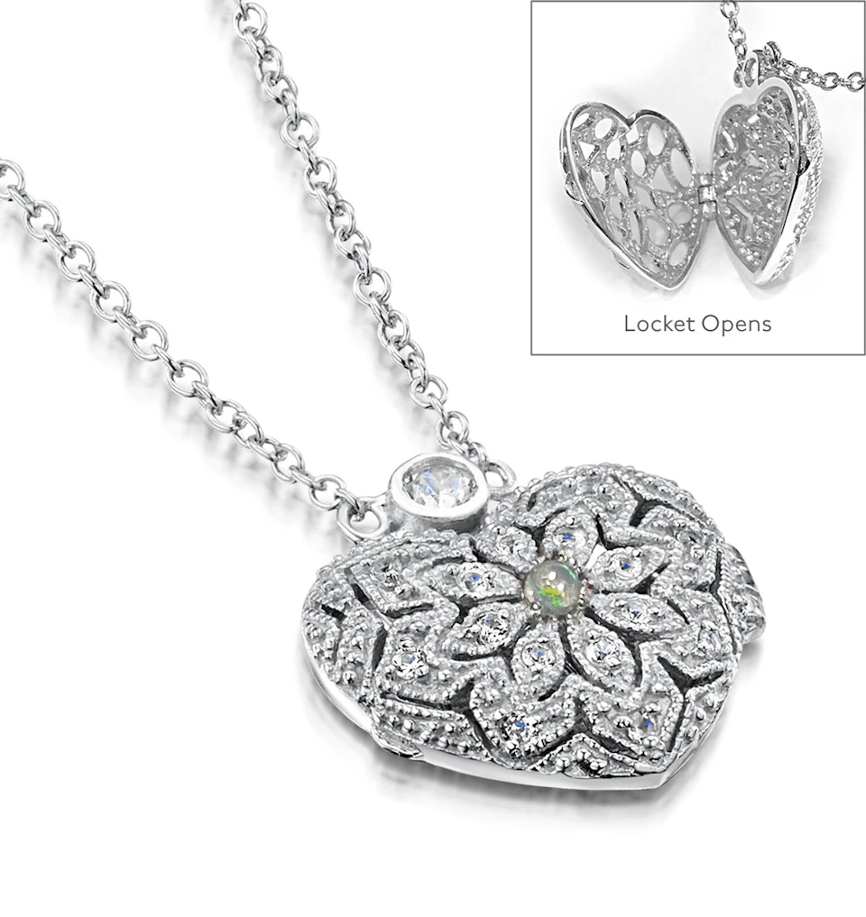 Opal October Birthstone Vintage Locket Necklace White Topaz in Silver