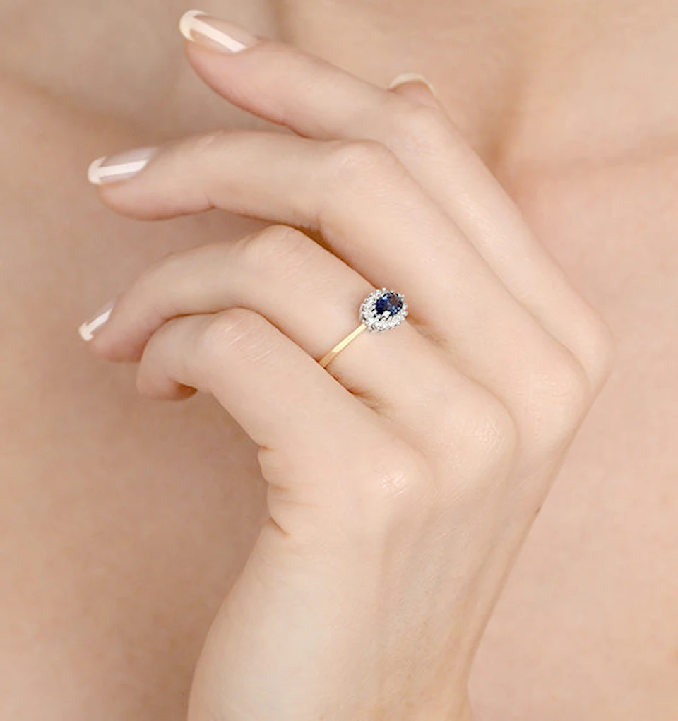 Sapphire 6 x 4mm And Diamond Ring 9K Yellow Gold