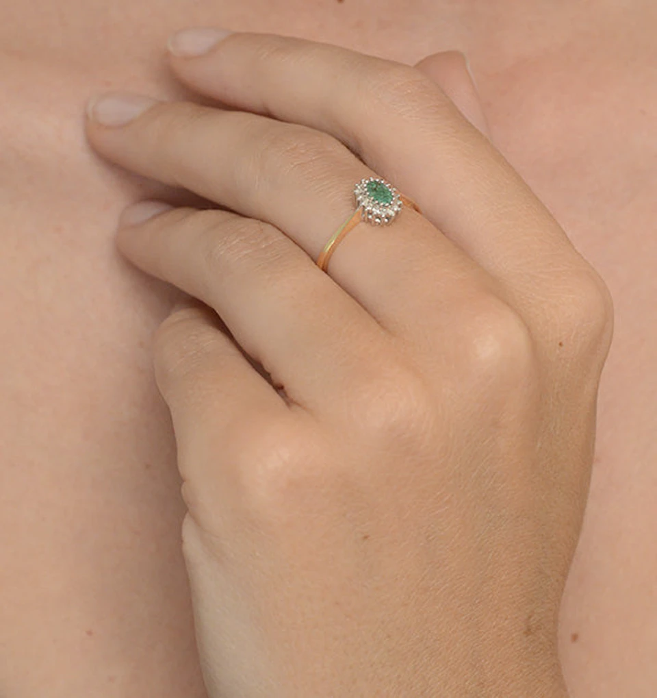 Emerald 5 x 3mm And Diamond 9K Gold Ring