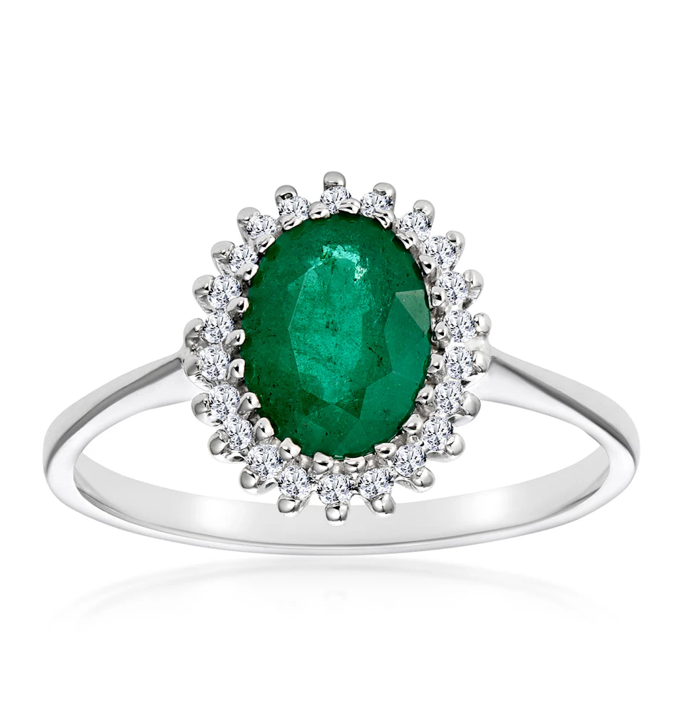 Emerald 8 x 6mm And Diamond 9K White Gold Ring