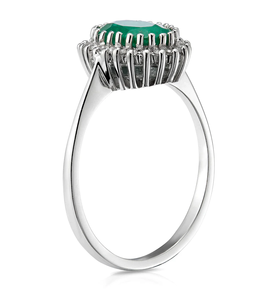 Emerald 8 x 6mm And Diamond 9K White Gold Ring