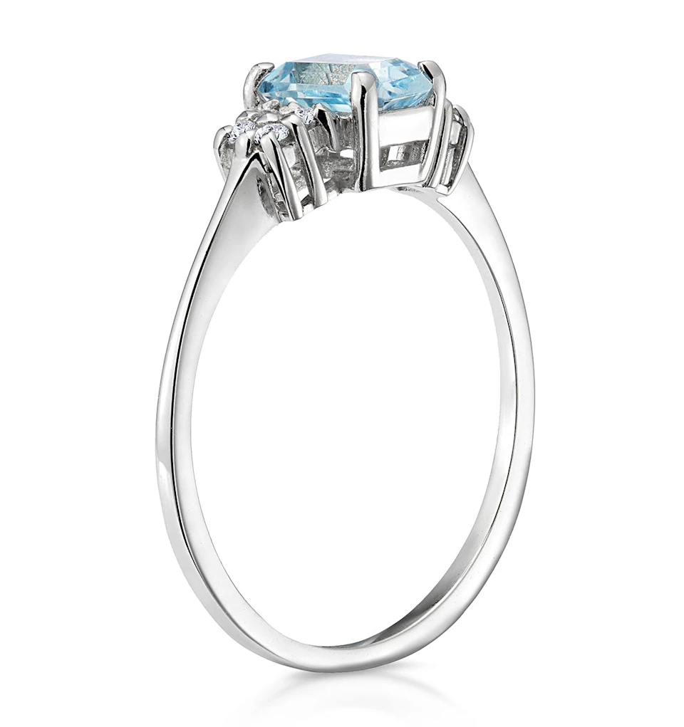 Blue Topaz 6 x 4mm And Diamond Ring 9K White Gold