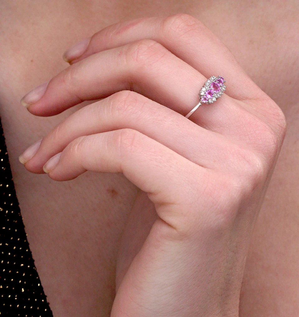 Pink Sapphire and 0.12ct Diamond Ring 9K White Gold