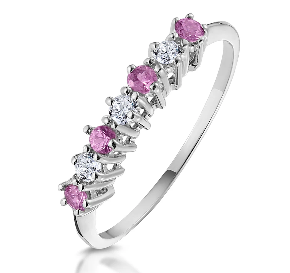 Pink Sapphire and 0.09ct Diamond Ring 9K White Gold - SIZE F
