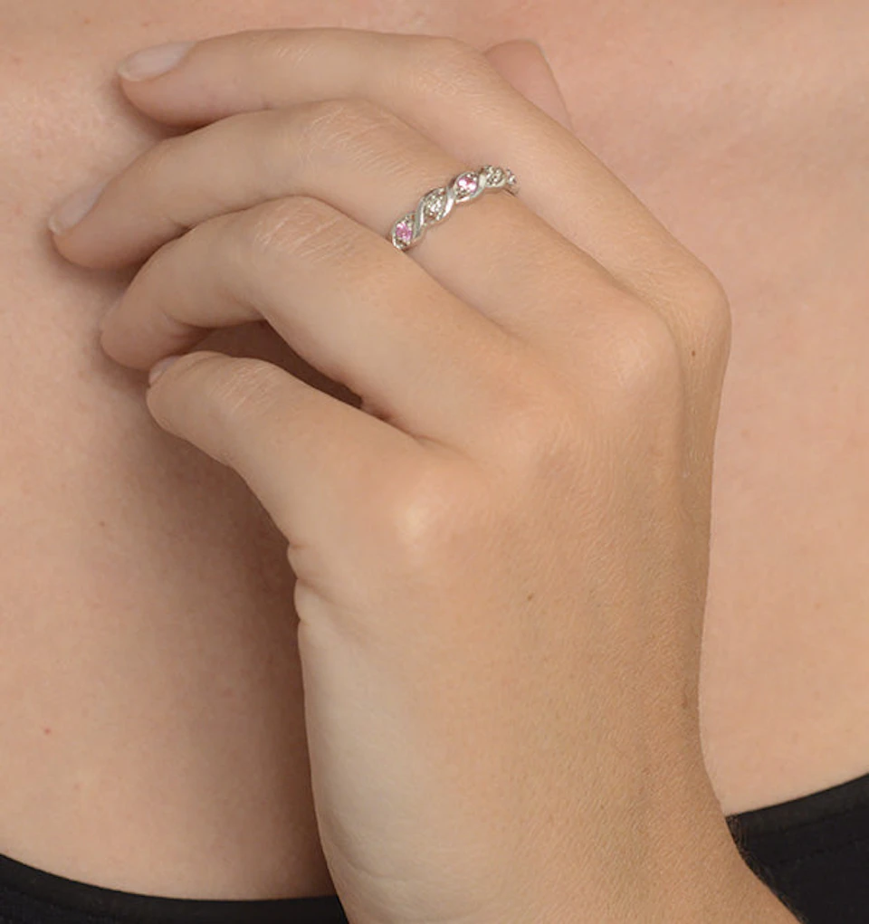 Pink Sapphire And 0.08CT Diamond Ring 9K White Gold