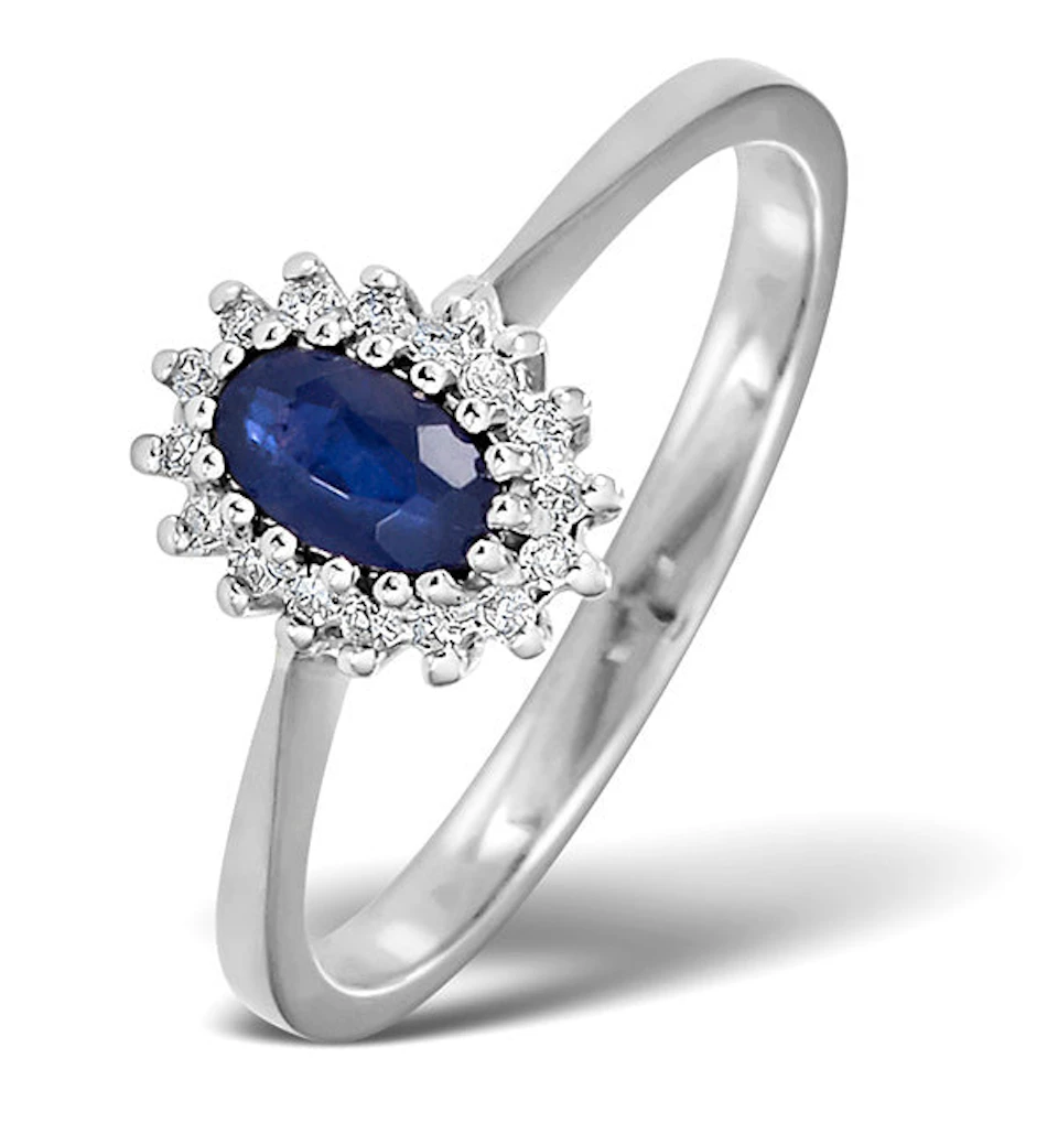 Sapphire 5 x 3mm And Diamond 18K White Ring