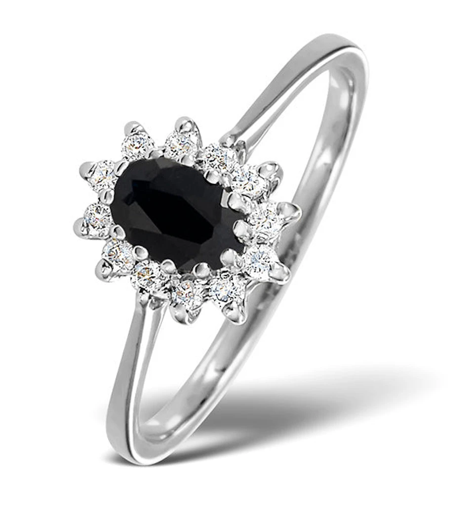 Sapphire 6 x 4mm And Diamond 9K White Gold Ring A4437