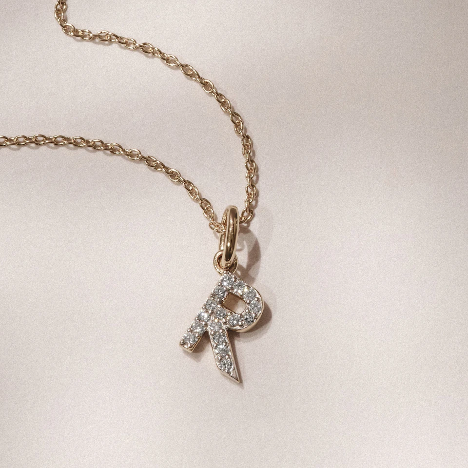 Love Letter Initial R Lab Diamond Necklace set in 18K Gold Vermeil