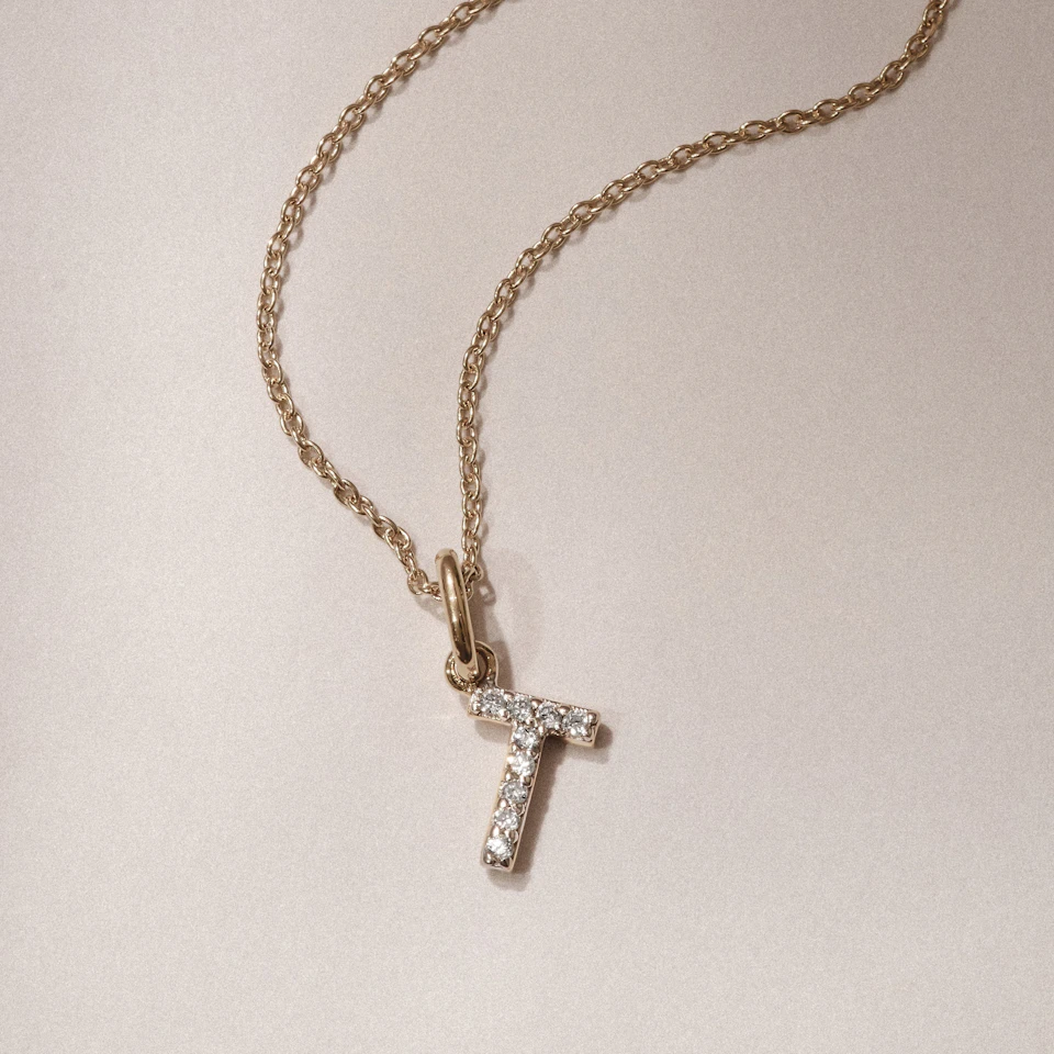 Love Letter Initial T Lab Diamond Necklace set in 18K Gold Vermeil