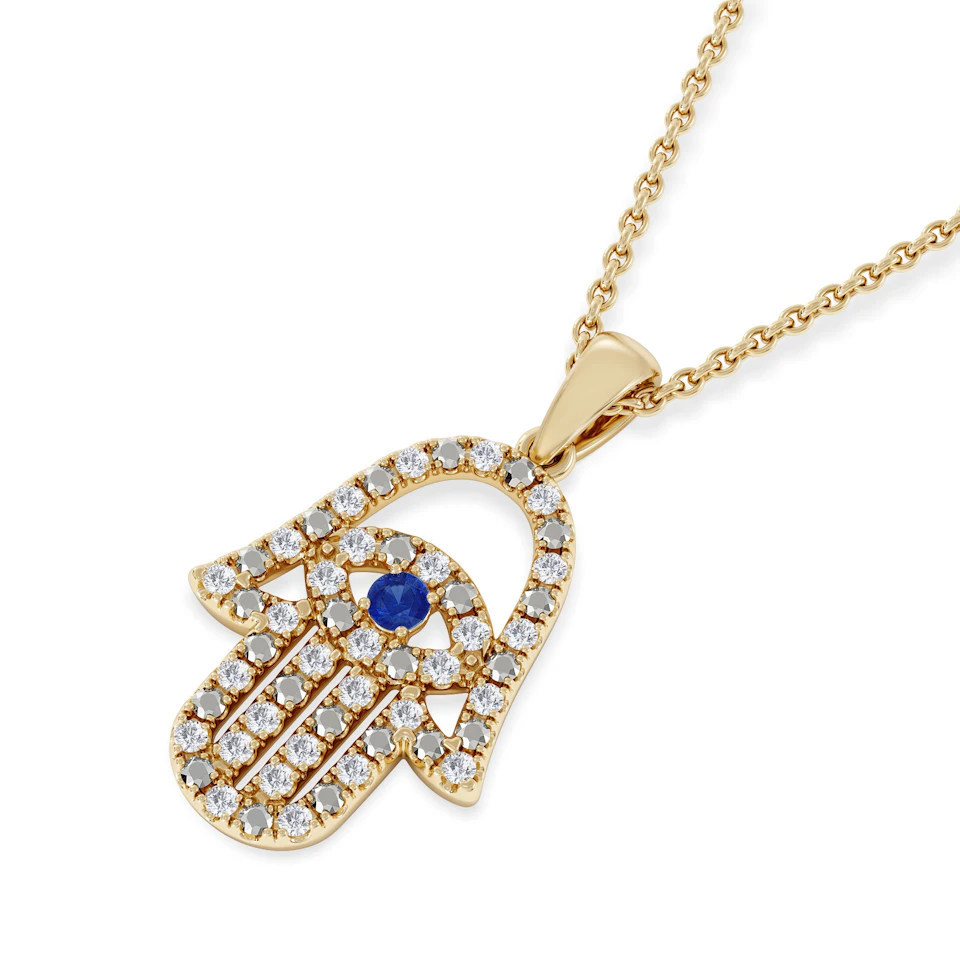 Hamsa Fortune 0.05ct Sapphire and 0.25ct Lab Grown Diamond Pendant Necklace in 18K Gold Vermeil