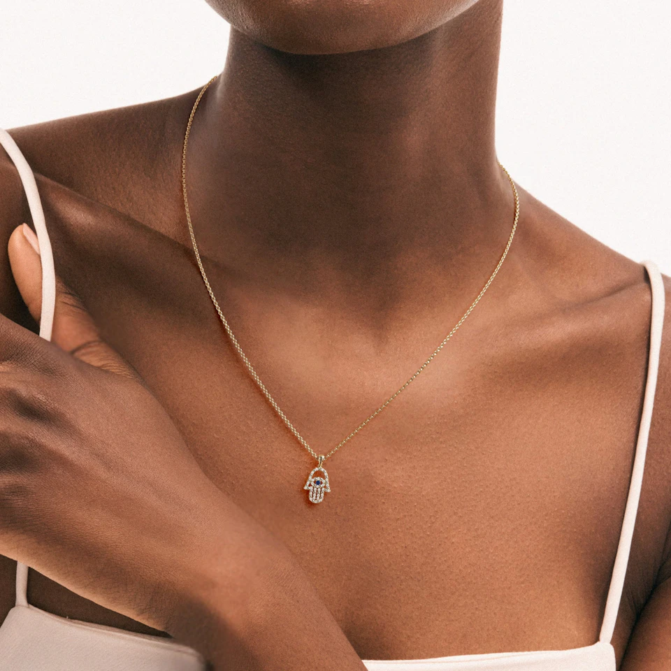 Hamsa Fortune 0.05ct Sapphire and 0.25ct Lab Grown Diamond Pendant Necklace in 18K Gold Vermeil
