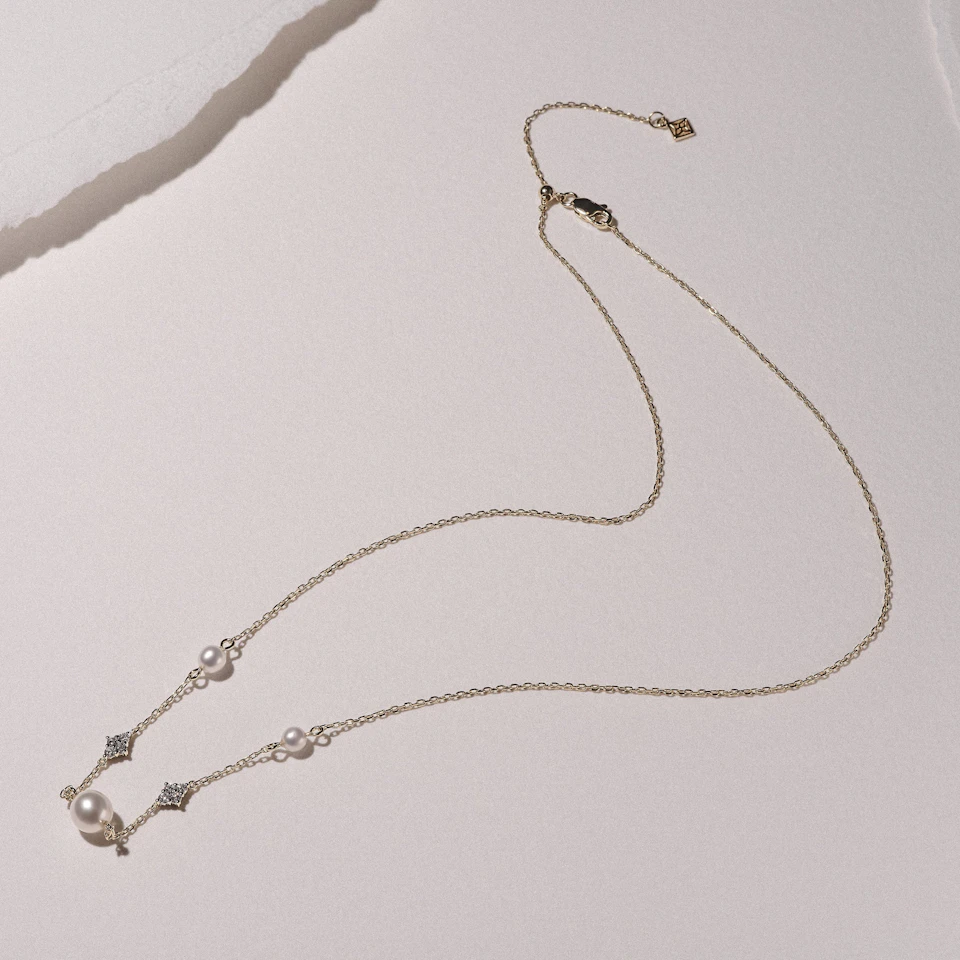 Eden 3.10ct Round Pearl and Lab Diamond Station Necklace in 18K Gold Vermeil