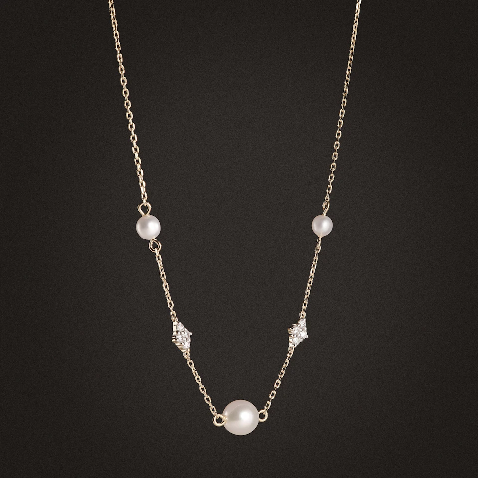Eden 3.10ct Round Pearl and Lab Diamond Station Necklace in 18K Gold Vermeil
