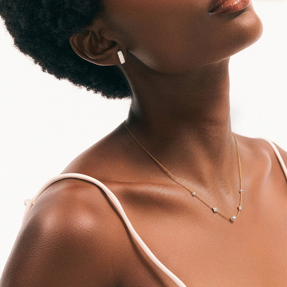 Eden 3.10ct Round Pearl and Lab Diamond Station Necklace in 18K Gold Vermeil