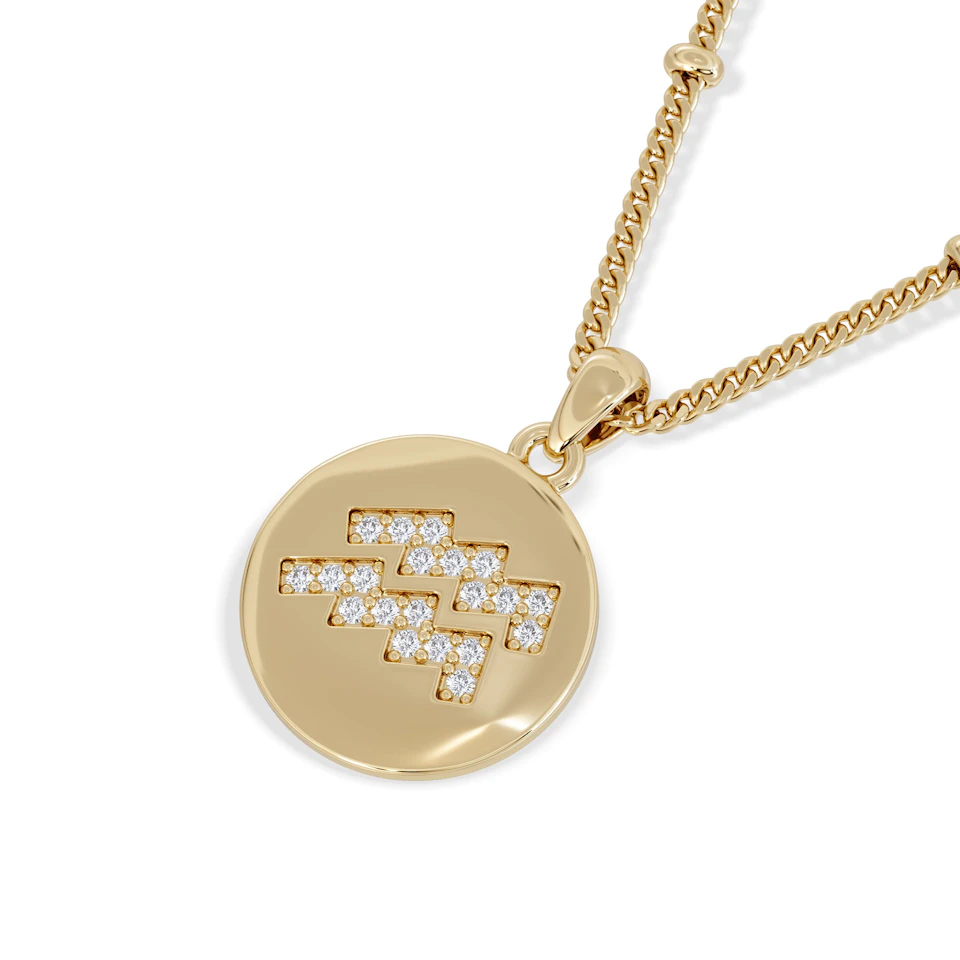 Astrology Aquarius 0.07ct Lab Grown Diamond Medallion Pendant Necklace in 18K Gold Vermeil