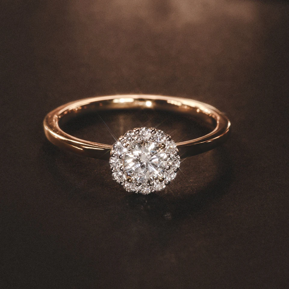 The Fleur Halo 0.50ct  H/SI Round Cut Lab Diamond Ring in 9K Yellow Gold