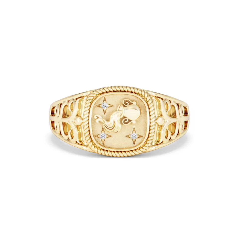Aquarius Zodiac 0.01ct Lab Diamond Signet Ring in 18K Gold Vermeil