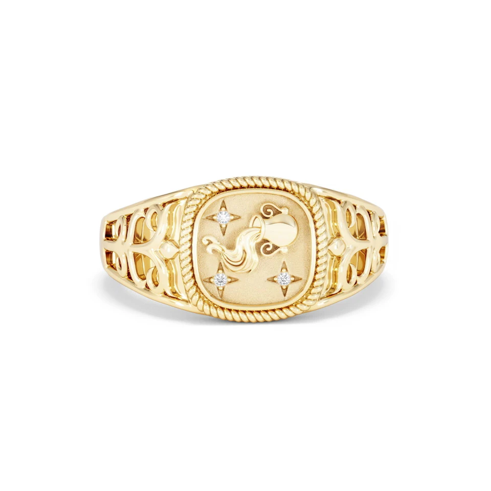 Aquarius Zodiac 0.01ct Lab Diamond Signet Ring in 18K Gold Vermeil