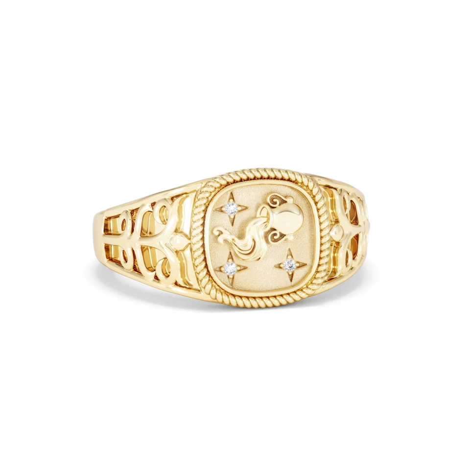 Aquarius Zodiac 0.01ct Lab Diamond Signet Ring in 18K Gold Vermeil