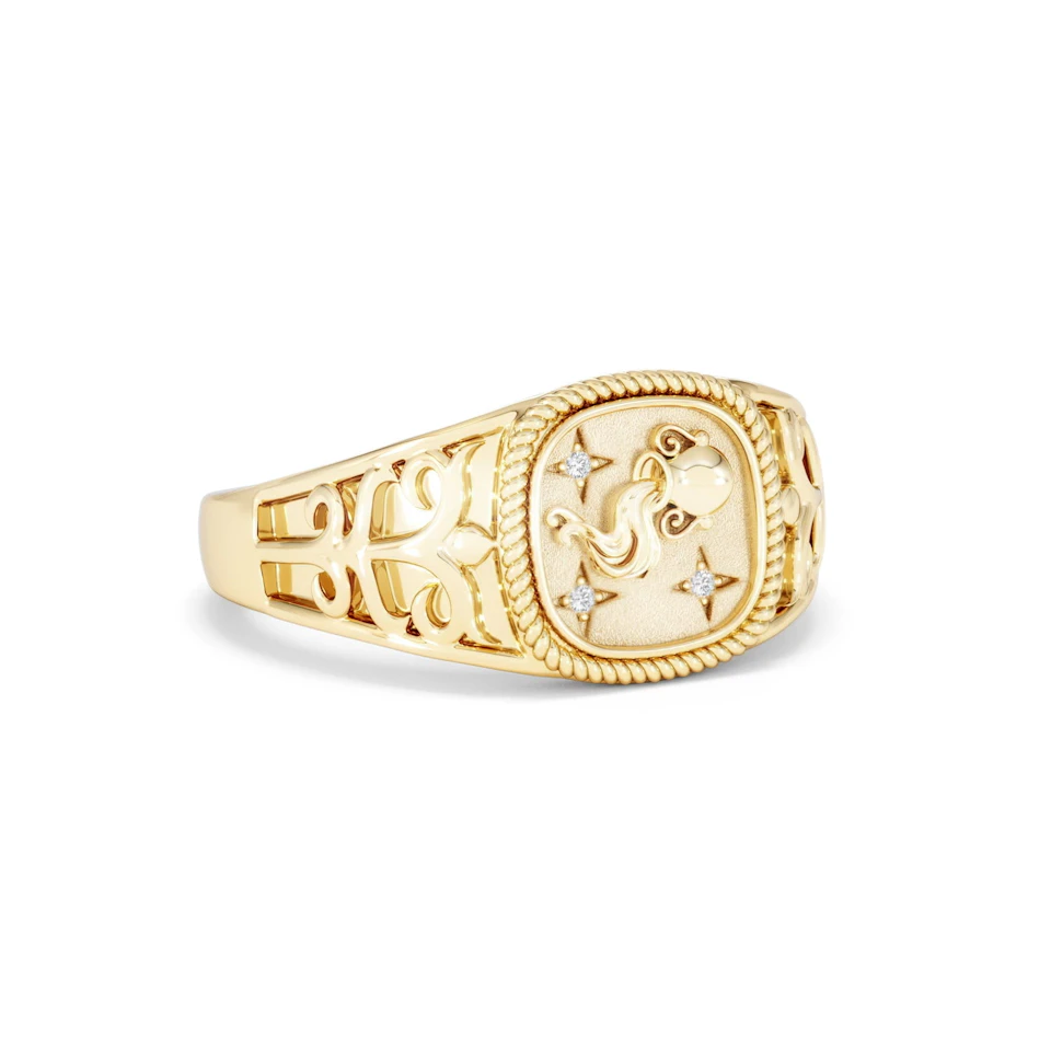 Aquarius Zodiac 0.01ct Lab Diamond Signet Ring in 18K Gold Vermeil