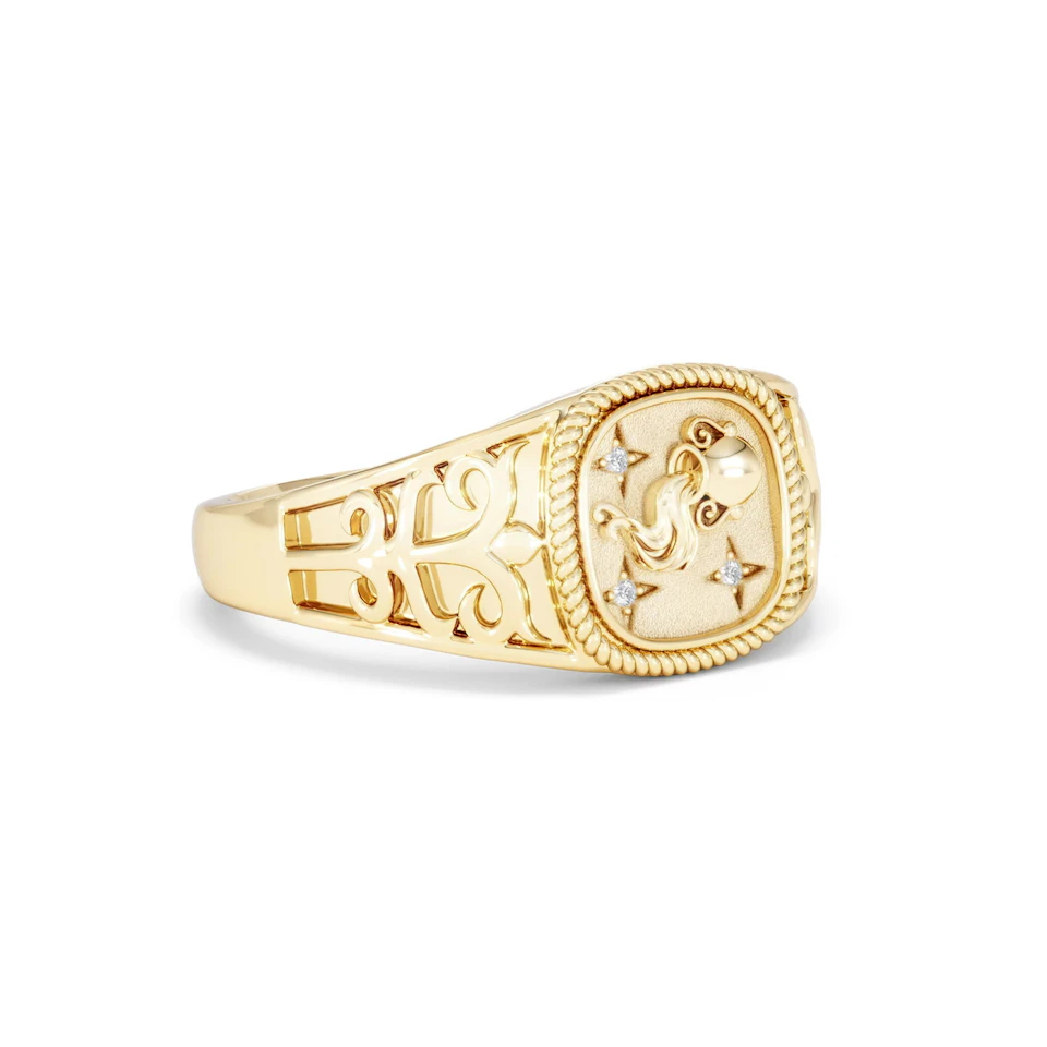 Aquarius Zodiac 0.01ct Lab Diamond Signet Ring in 18K Gold Vermeil