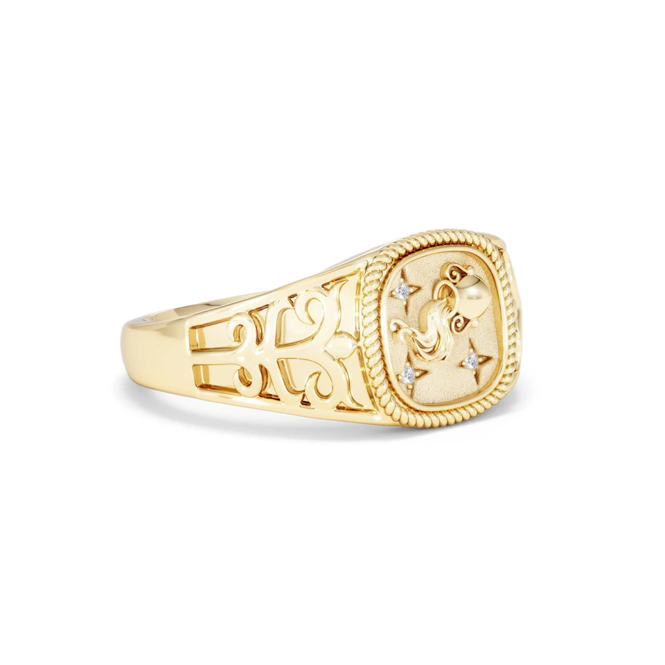 Aquarius Zodiac 0.01ct Lab Diamond Signet Ring in 18K Gold Vermeil