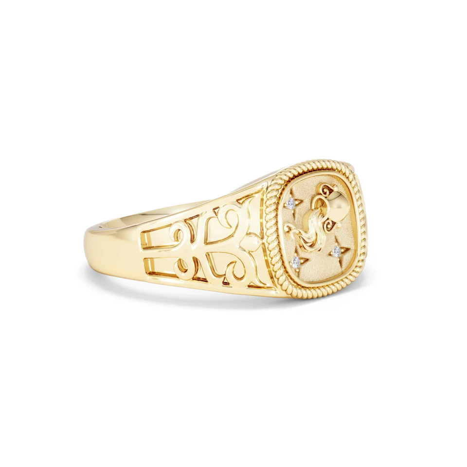 Aquarius Zodiac 0.01ct Lab Diamond Signet Ring in 18K Gold Vermeil
