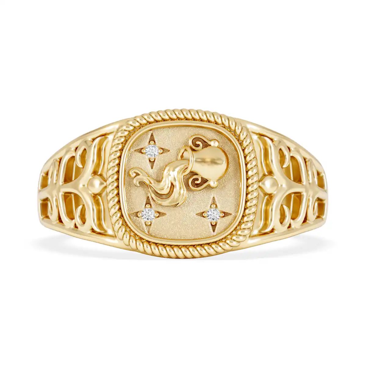 Aquarius Zodiac 0.01ct Lab Diamond Signet Ring in 18K Gold Vermeil